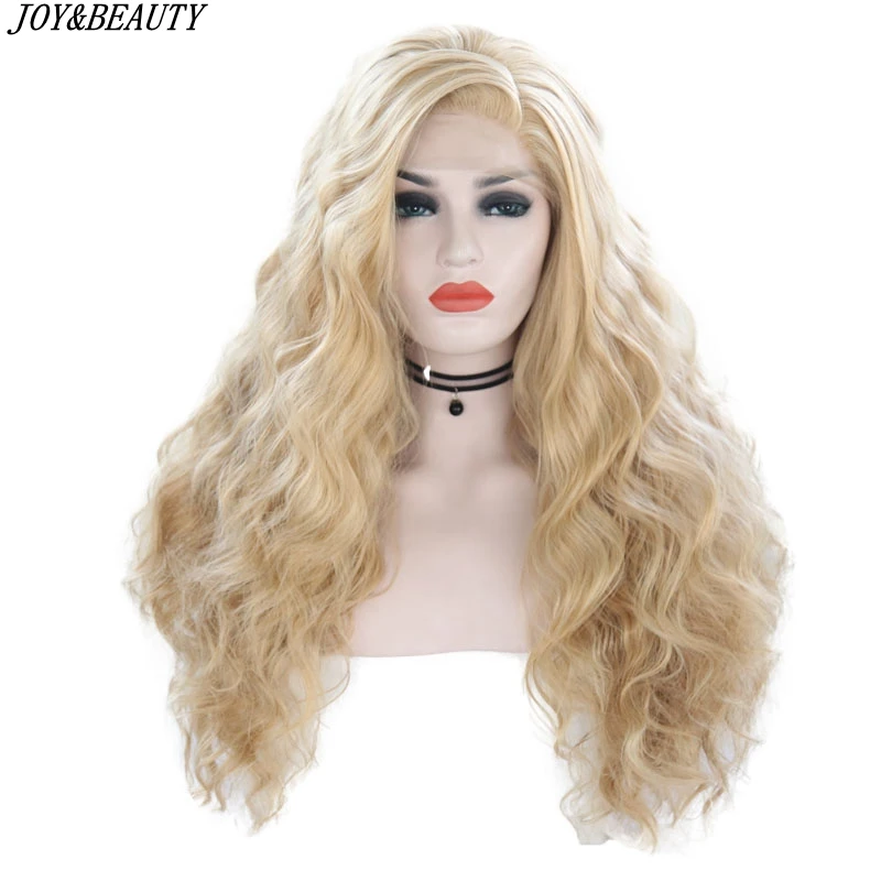 JOY&BEAUTY 24Inch Long Deep Wave Synthetic Lace Front Wig Light Brown High Temperature Fiber For Women Wig