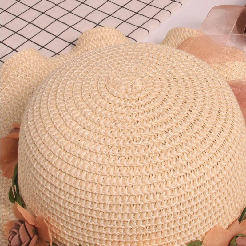 

Summer Children Cute Sun Hat Flower Decoration Big Brim Hot Kids Knit Straw Hats Girls Sun-Protective Picnic Beach Caps