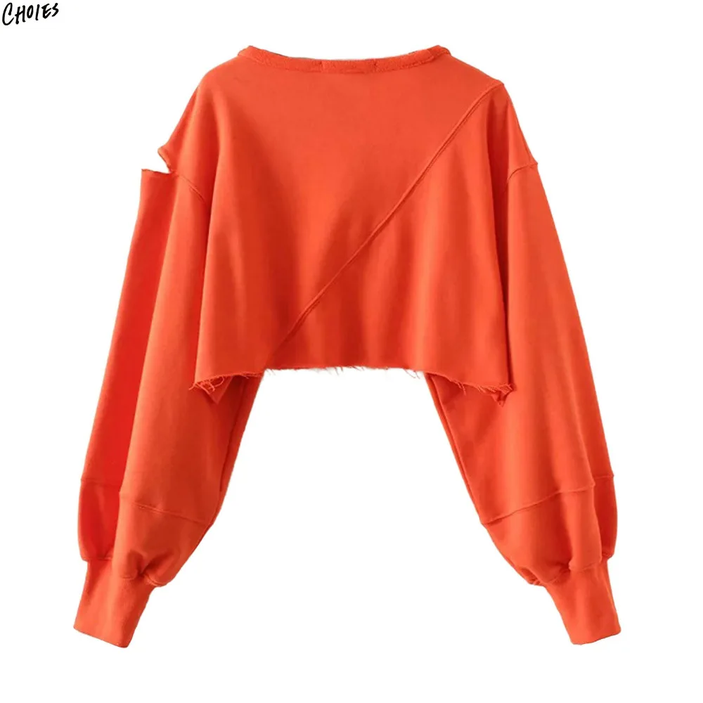 Оранжевая надпись Печать выдалбливают с длинным рукавом обрезанная Толстовка