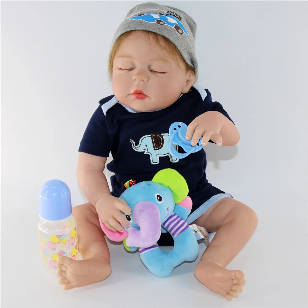 

NPK 57cm full siliconereborn baby boy doll rooted hair with rattle sumilation bonecas bebes reborn menino de silicone real