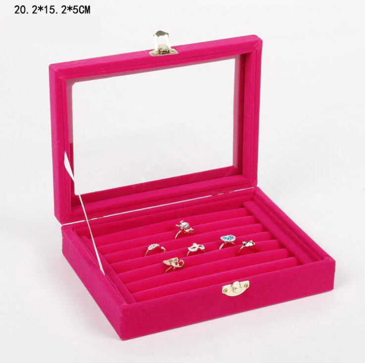 Rose red Ring box Разноцветные на выбор 24 Сетки бархатное стекло Ювелирное кольцо Дисплей Органайзер Коробка лоток держатель серьги чехол для хранения - Цвет: Rose red Ring box