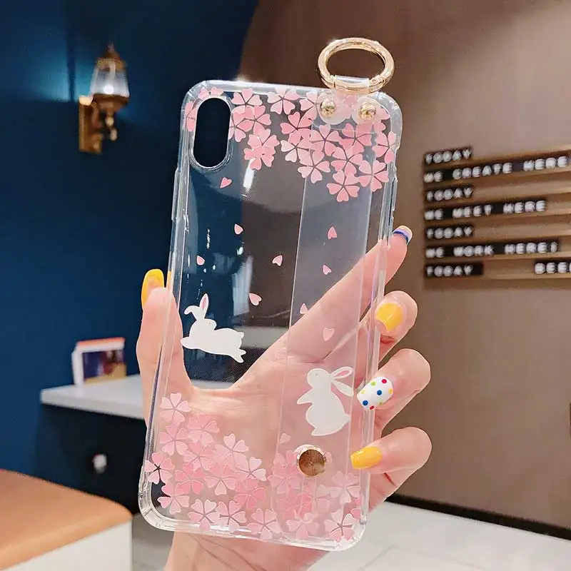 Boucho Transparent Wrist Strap Phone Case For iphone XR X Xs max 6 6s 7 8 plus Fashion Flower Pattern Cover |