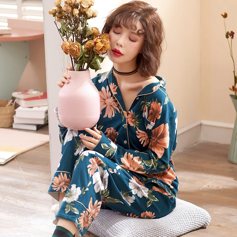 Autumn Winter 100%Cotton Floral Warm Women's Long Sleeve Pajamas Set Turn-down Collar Cardigan Big Size M-XXL Female Clothing | Женская
