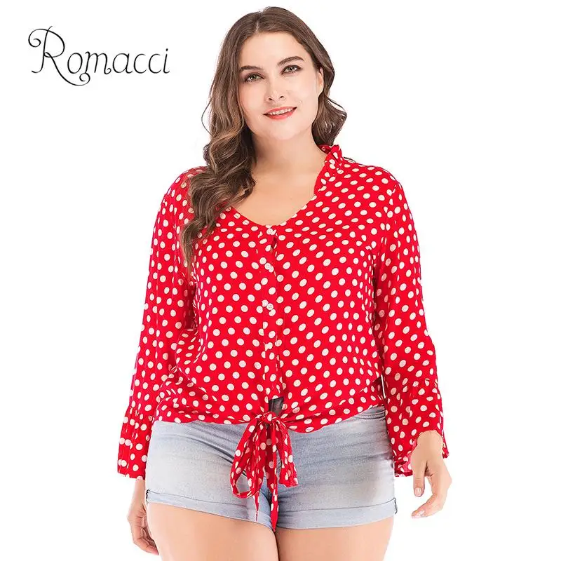 Romacci Сексуальная женская блузка большого размера в горошек с глубоким v-образным