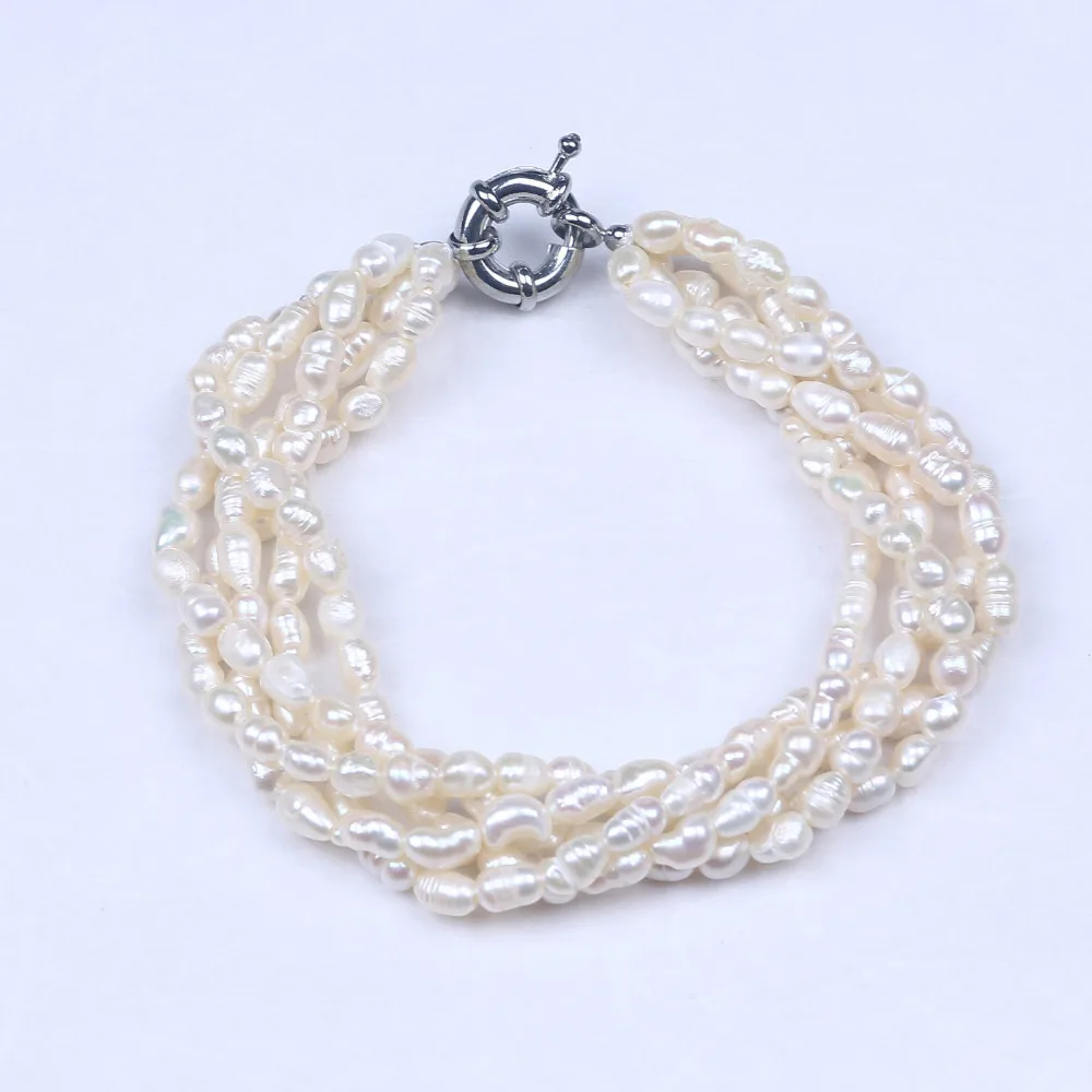 5 рядов натуральный 4-6 мм пресноводный риса браслет с жемчужинами овальной формы