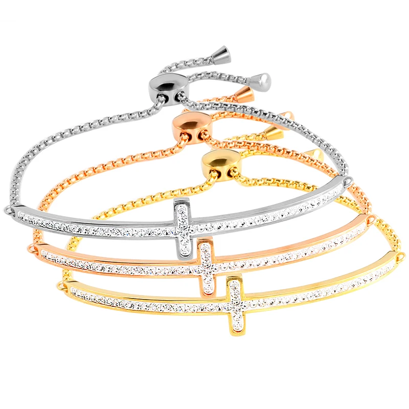 Trendy Gold Color Charming Chain Bangle Bracelet for Woman Man Metal Cross CZ Charming Wristband Luxury Brand Jewellery Gift