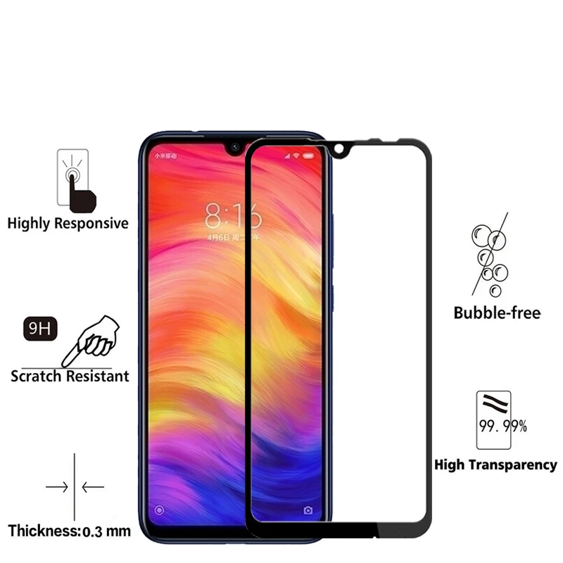 Protector de pantalla para Xiaomi Redmi Note 7 Pro, funda de vidrio con pegamento completo, pel&iacute;cula protectora de vidrio para Redmi Note 7 Pro, 2 uds.-1