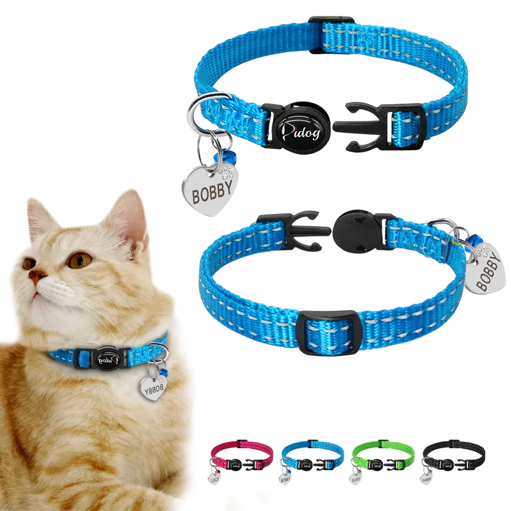 Quick Release Kitten Cat Collar Reflective Personalized Puppy Dog ID Collars Engraved With Bell Free Tag Nameplate For Small Pet