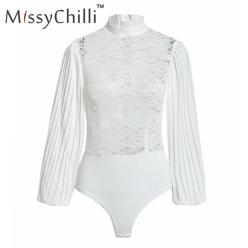 MissyChilli белый кружевной Цветочный прозрачный боди для женщин летний фонарь рукав боди женские Сексуальные Высокая Шея оборками комбинезон