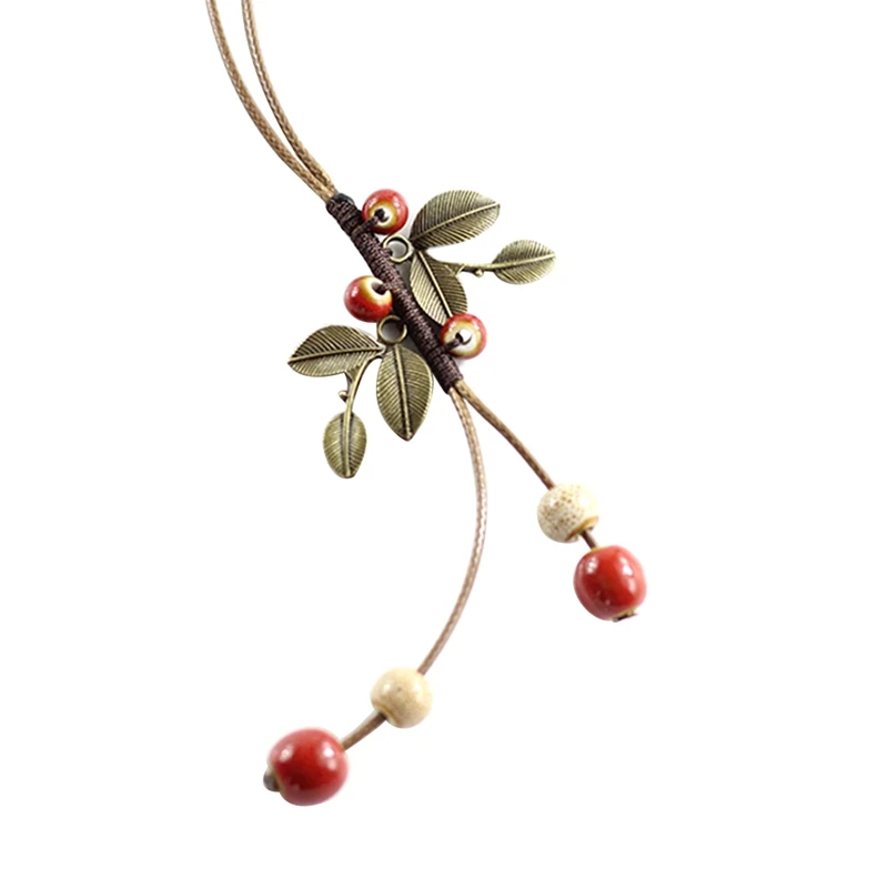 Фото Богемное керамическое ожерелье с бусинами винтажное листьями вишни аксессуары
