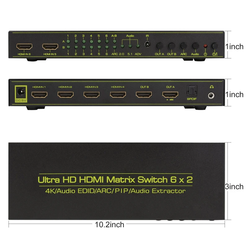 Матричный Коммутатор HDMI (6 Вход 2 Выход) аудио эксрактор с удаленным Управление