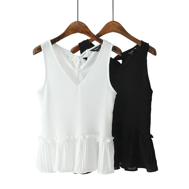 Women black white V neck blouse chiffon pleated sleeveless female casual shirts sweet solid chic summer tops blusas |