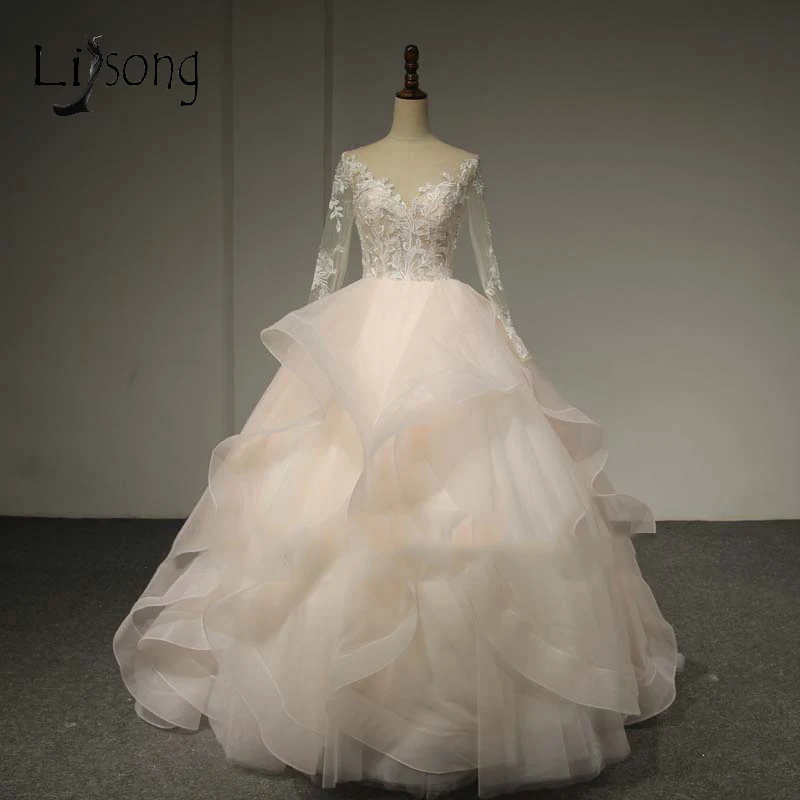 Романтичное розовое свадебное платье с оборками 2018 длинные рукава органза