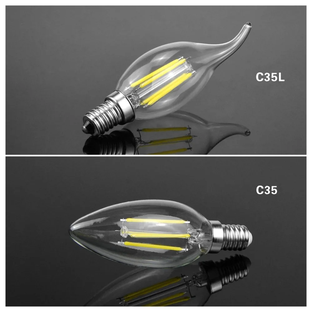 Старинная светодиодная нить лампы Led лампы в форме свечи света 2 Вт, 4 Вт, 6 Вт, 220 V/110 V C35 C35L E14 прозрачный Стекло оболочки ретро Светодиодная лампа edison