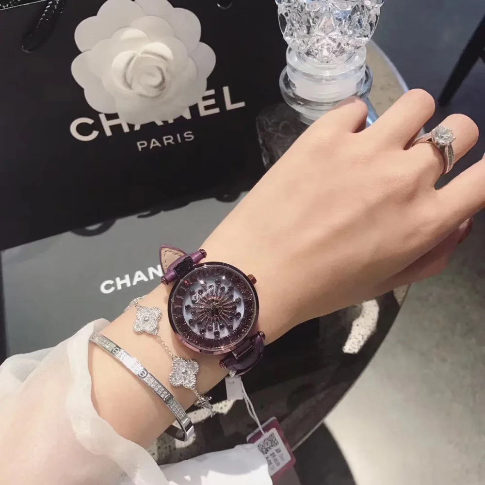 Модные женские Брендовые Часы с хрустальным цветком вращающиеся фиолетовые