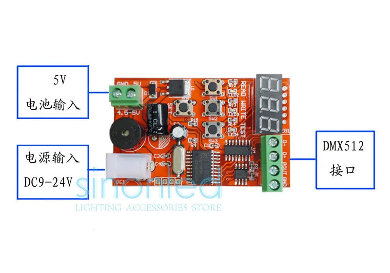DM-101; 4 канала RGBW DMX декодер постоянного тока, DC12-24V вход, 300 мА* 4 канала выход, DMX512/1990