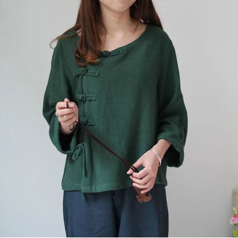 Dark green Весна осень женские блузки короткий Дизайн Винтаж таблички ButtonsThree Quarter рукав индивидуальная льняная рубашка подтягивающий подол Топ - Цвет: Dark green