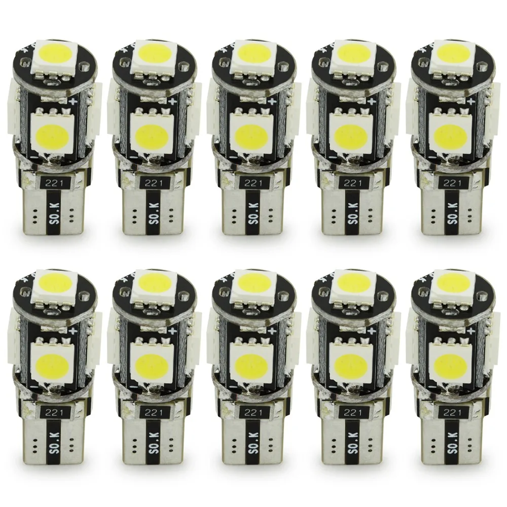 Safego 10 шт. светодиодный светильник Canbus T10 W5W 194 168, автомобильный светильник, 5 SMD 5050 чипов, клиновидные лампы, лампа белого цвета для чтения в салоне автомобиля