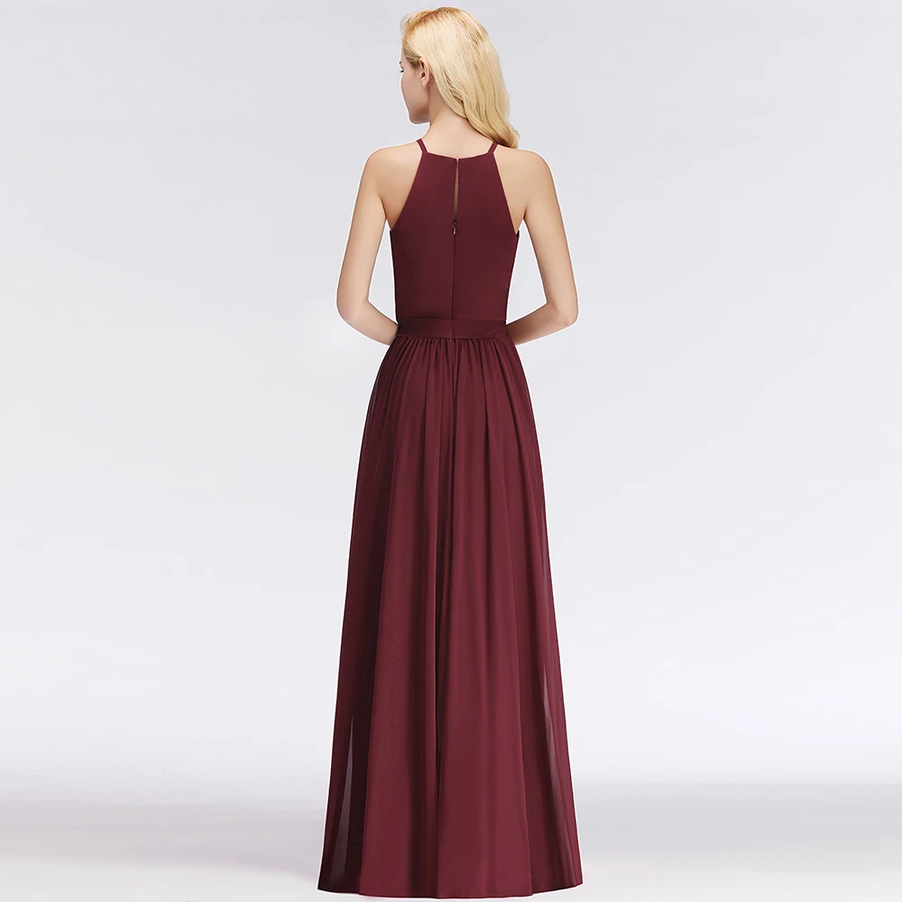 

Elegant Halter Long Bridesmaid Dress burgundy green pink Chiffon Wedding Party Dresses for Bridesmaids 2019 Prom Gown with Sash