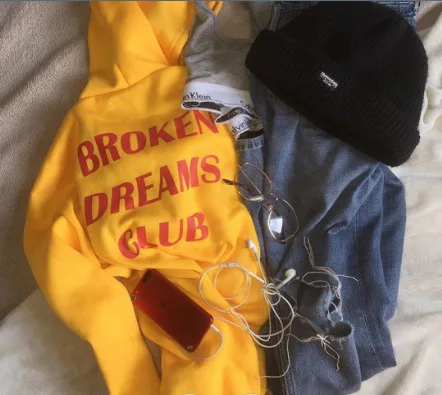Harajuku/толстовка с надписью «Broken Dreams Club»; осенне-зимние топы; свободная верхняя одежда; флисовые пуловеры с капюшоном; одежда унисекс - Цвет: Yellow