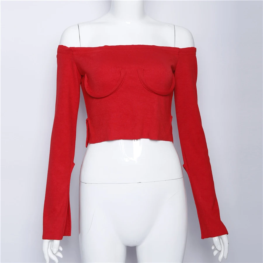 Разрез расклешенными рукавами с плеча блузка женщины светло голубой цвет Knit Crop