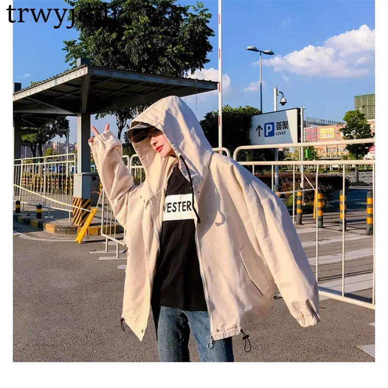 New Spring Autumn Jackets Women Korean Loose Large Size bf big pocket Hooded Windbreaker Female Harajuku Coat N371