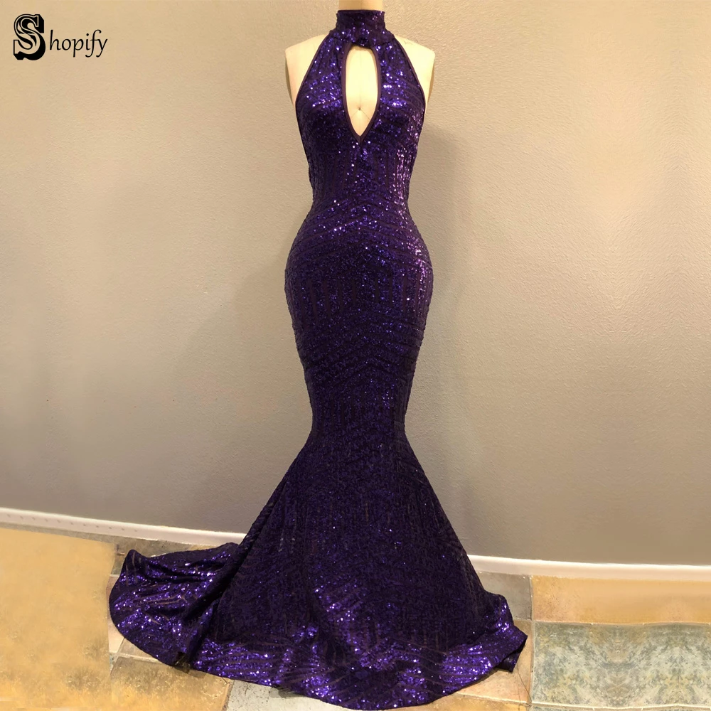

Long Mermaid Prom Dress 2020 Sexy Halter Front Slit Backless African Purple Sequin Girl Prom Dress With Train