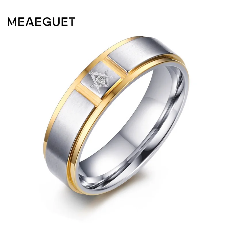 Meaeguet мужские масонские кольца из нержавеющей стали золотого цвета 6 мм широкое кольцо для мужчин свадебные ювелирные изделия