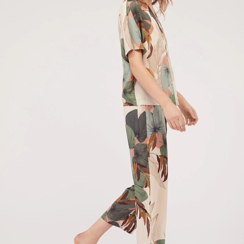 Женский пижамный комплект летний из шелка с длинными рукавами воротником и