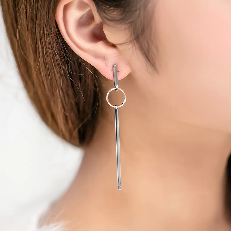 Korean Minimalist Metal Silver Plated Stud Earrings for Women Pendientes Largos Brincos Grandes Fashion Para Mulheres HB1024 images - 6