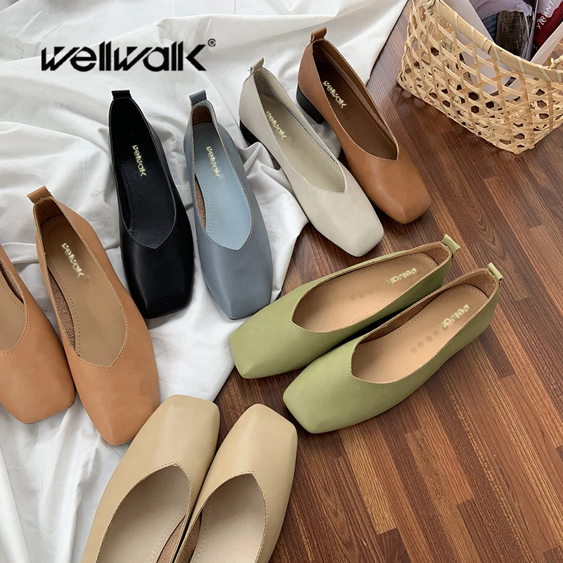 Wellwalk/женская обувь на плоской подошве в корейском стиле; Балетки с квадратным носком; Женские кожаные лоферы из искусственной кожи; Простые складные мокасины; Сезон весна
