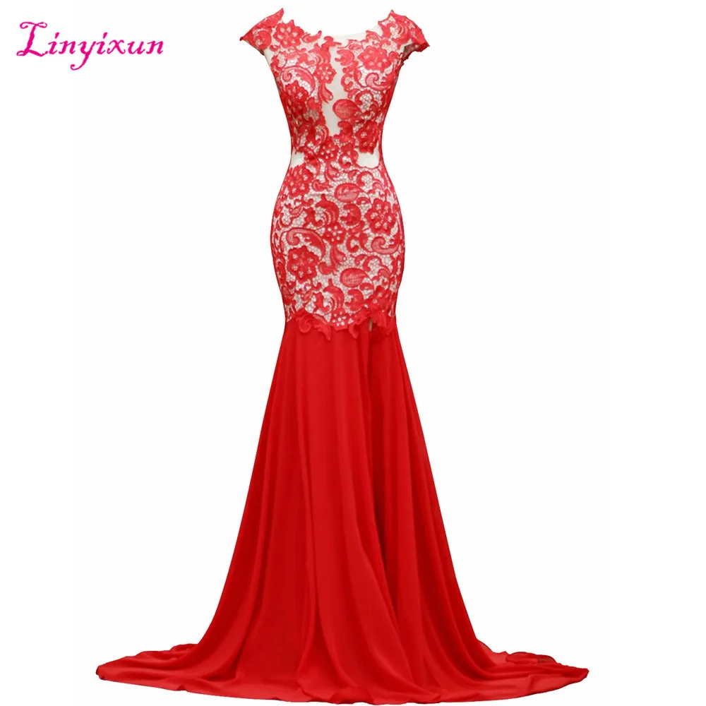 Linyixun реальные фото Русалка Вечерние платья 2017 Vestido de festa с коротким рукавом