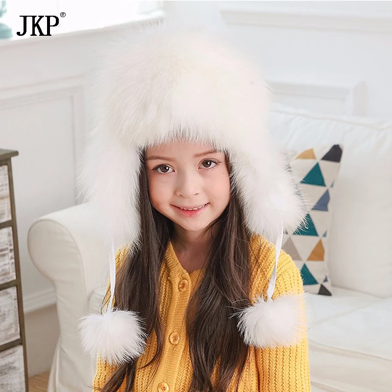 Детская шапка из натурального меха енота теплая лисьего для мальчиков и девочек