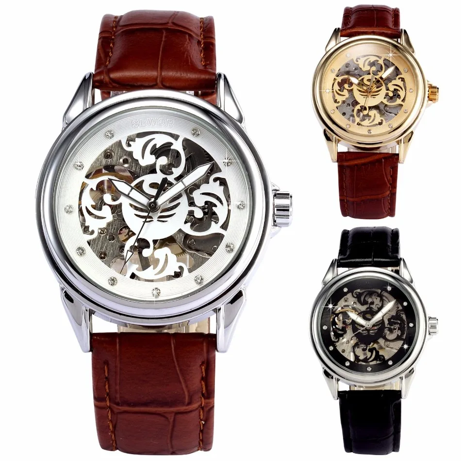 SEWOR Роскошные брендовые Золотые механические часы для мужчин коричневый кожаный