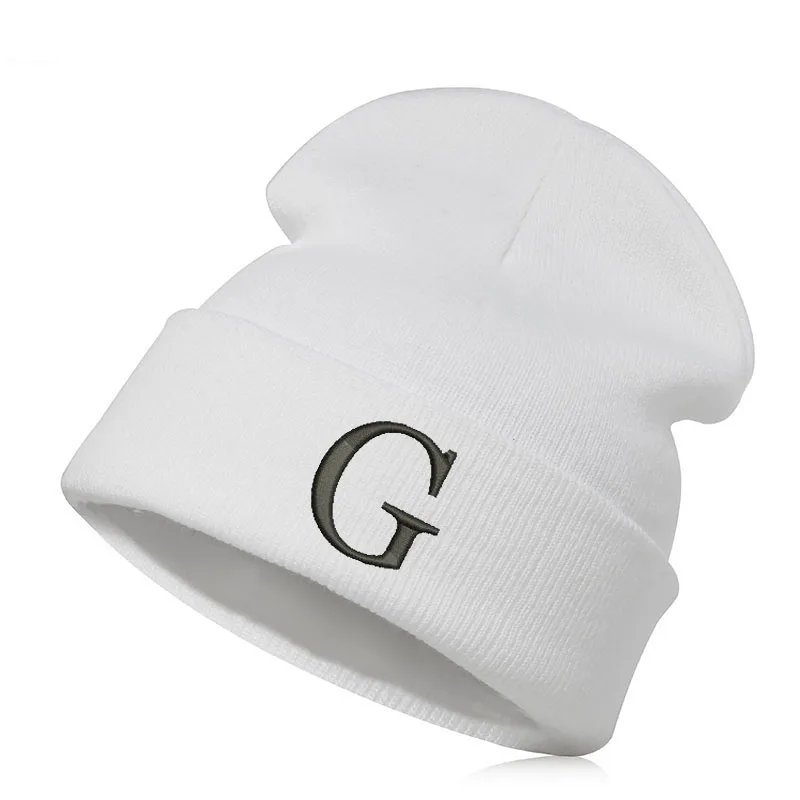Белый Шапка-бини Skullie cap смутная зима вышивка панк Прохладный Мужчины Женщины мальчик девочка подростки уличный танец-алфавит G название аббревиатура - Цвет: Белый