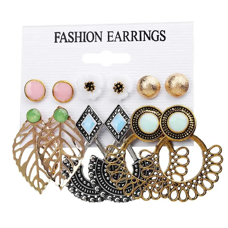 

LNRRABC Graceful Vintage Elegant Girls 6Pairs/Set Bohemian Flower Leaf Stud Earrings Fashion Women Jewelry