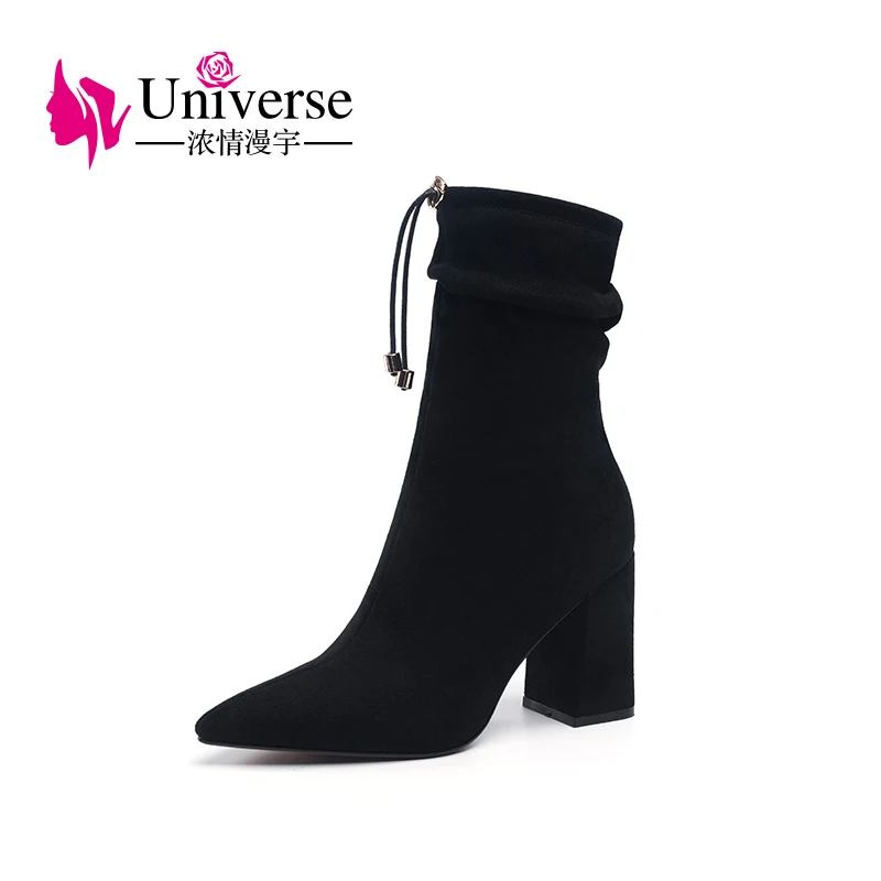 

Lace-up Kid Suede Mid-calf Sock Boots Winter Square Heel Universe Women Black Grey 9cm Heel Short Plush Lining Ladies Boots H265