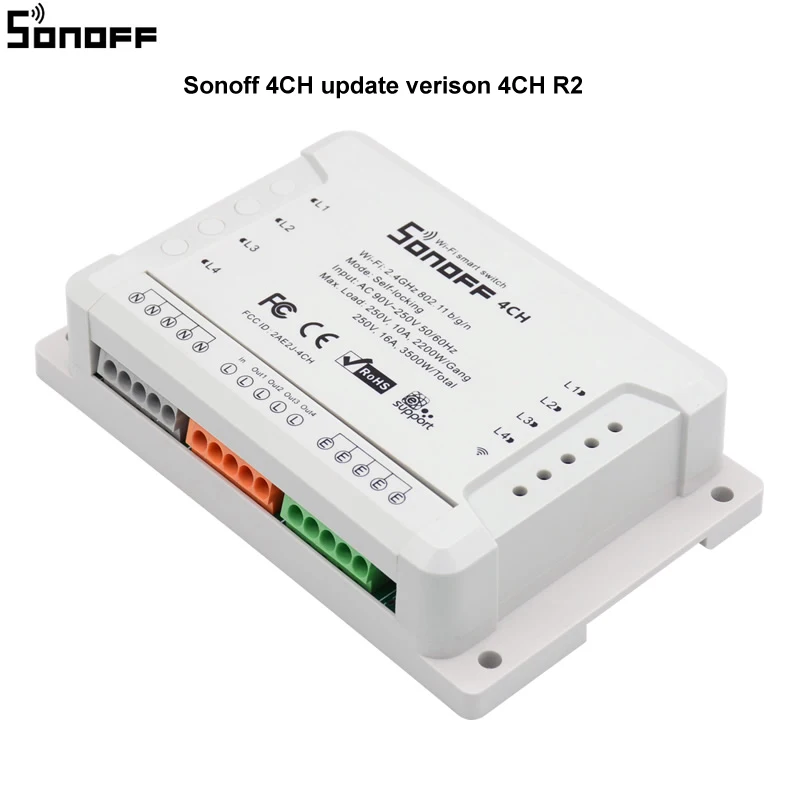 Itead Sonoff 4CH R2 переключатель Wi-Fi 4 Gang 4Way c креплением на рейке Din на включения/выключения Wi-Fi пульт для Управление Беспроводной переключатель для умного дома 10A/2200 W