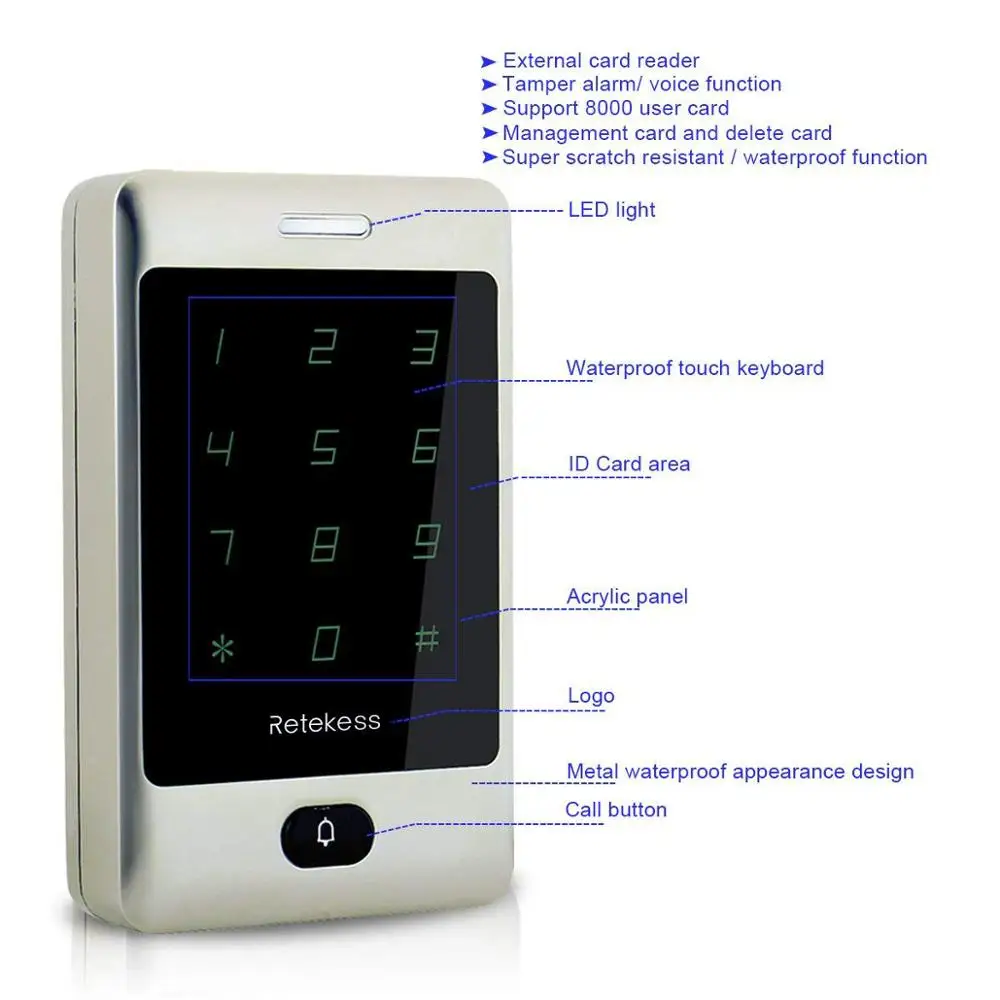 Retekess T-AC01 IP68 Водонепроницаемый RFID Контроль доступа сенсорная клавиатура система контроля допуска к двери 125 кГц металлический чехол с подсветкой