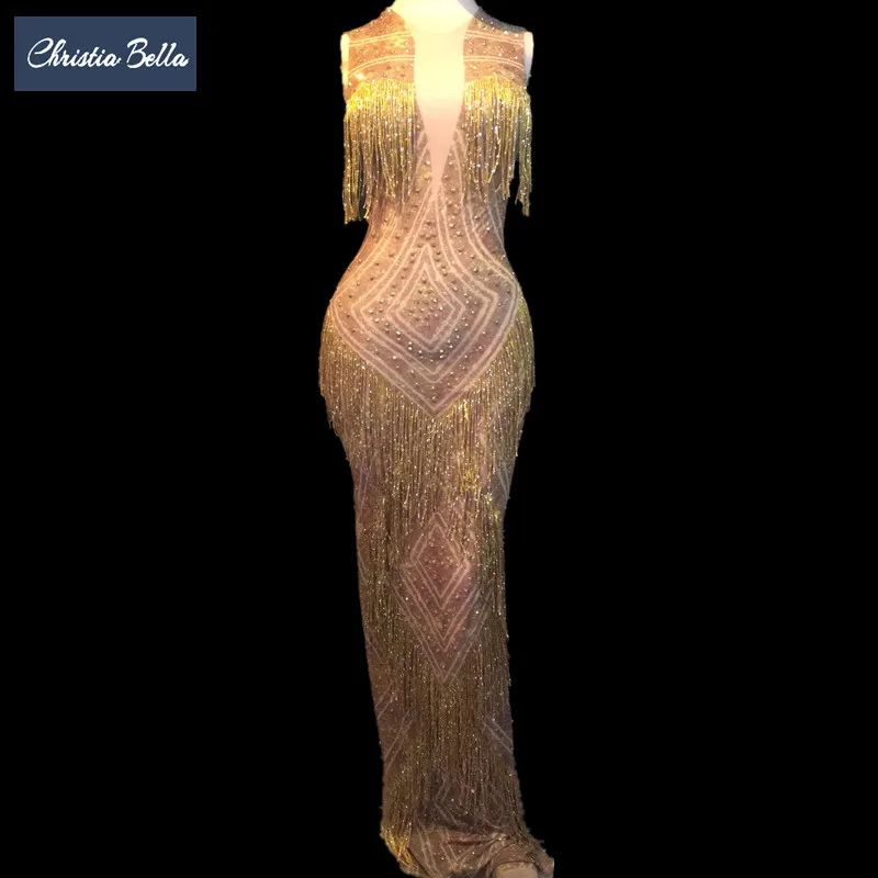 

Christia Bella Sexy Crystal One Piece Dress Women Tassel Bodycon Dress Perspective Party Women Dress Club Stage Singer Costumes