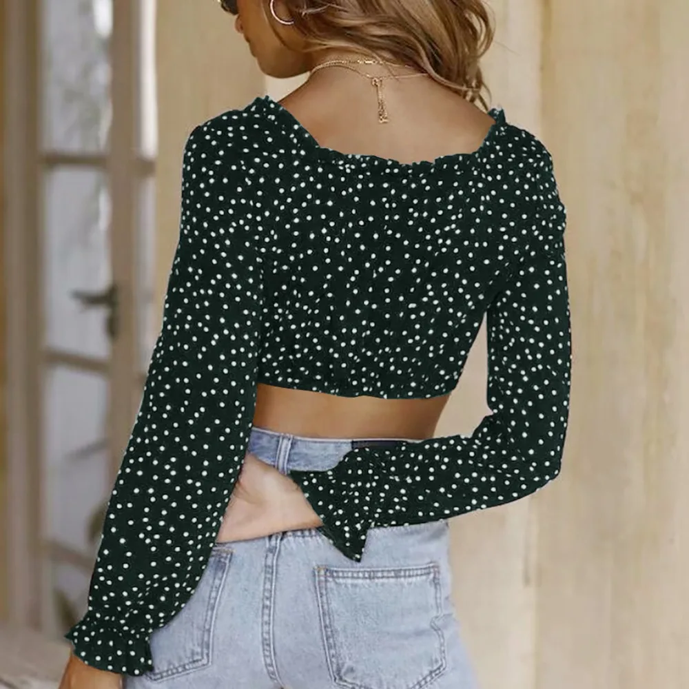 Darcydebie Autumn Women Fashion Short Blouses Slash neck Lace-up Full Sleeve Ruffles Polka Dot Print Dew Navel Shiffon Shirt Top |