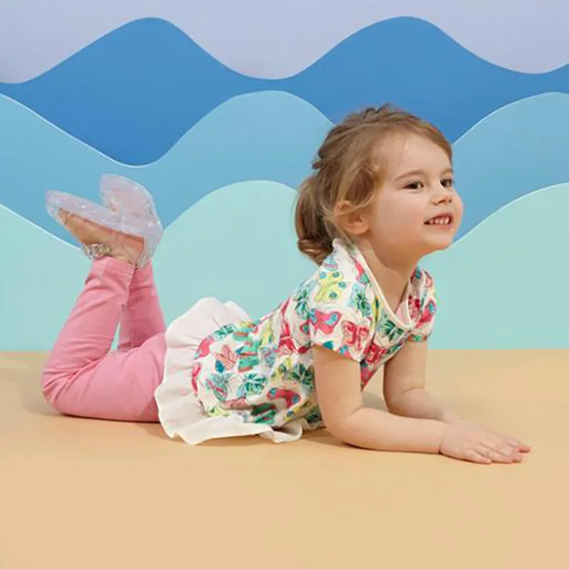 

Little Maven New Summer Kids Clothing Short O-neck Butterfly Printed Falbala Lady Knitted Cotton Quality Girls Casual Tshirt