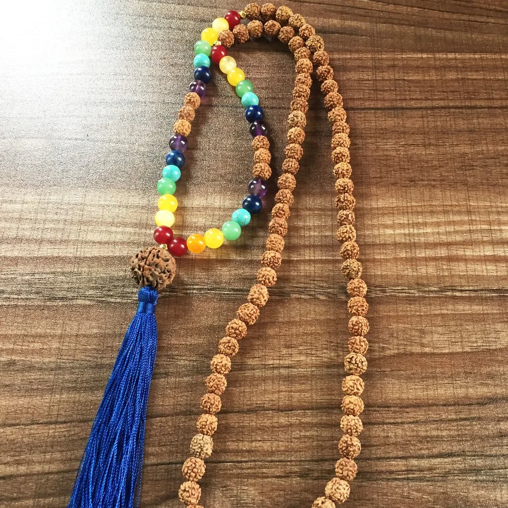 MXR1003 7 Чакра ожерелье из натурального камня Бусы Mala 108 бусы Rudraksha молитвенные