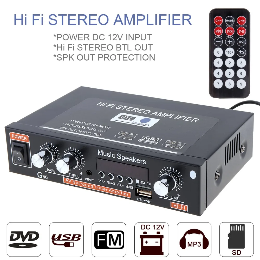 

HIFI Bluetooth Auto Car Audio Power Amplifier FM Radio Player Support SD USB DVD MP3 for Car Motorcycle Home with Remote