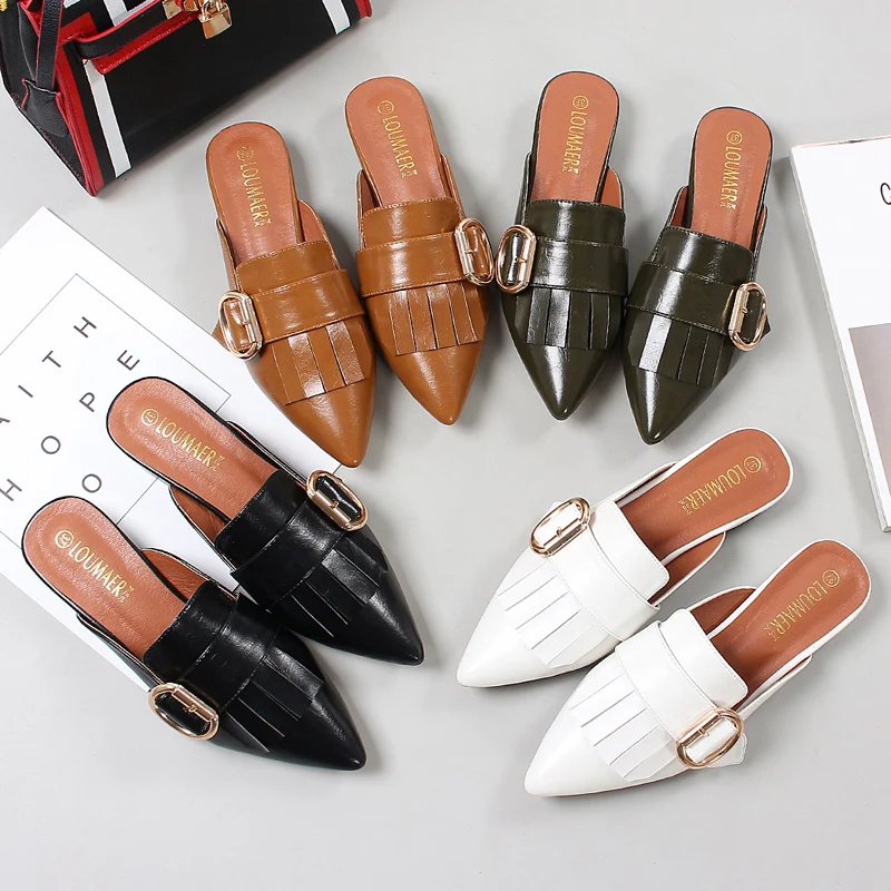 Дизайнерские женские мюли с кисточками Сандалии острым носком Шлепанцы пряжкой