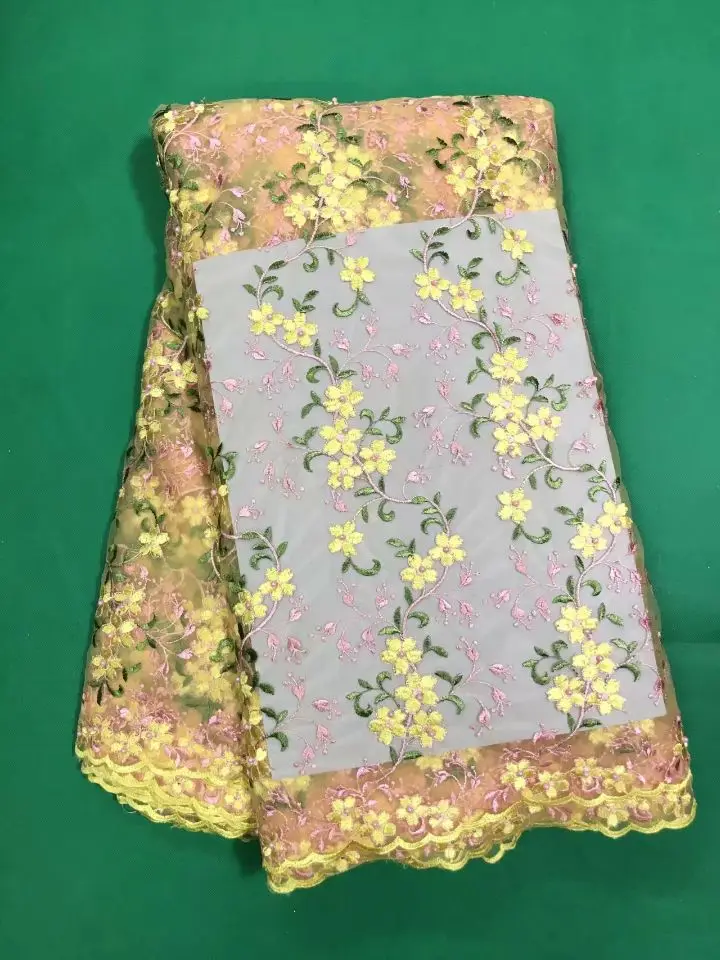 5 ярдов/шт красивый желтый французский чистая кружева с розовый цветок Африки