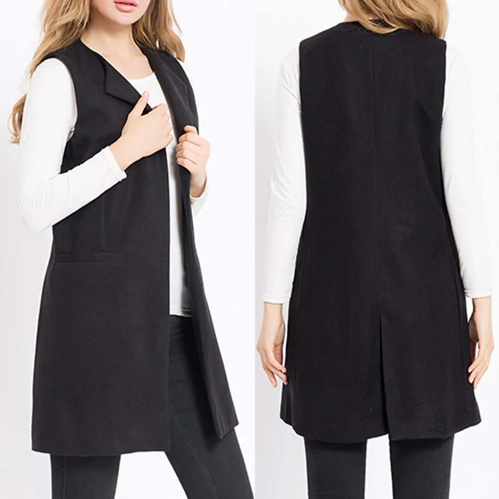 Autumn Women Wool Blend Vest Waistcoat Lady Long Coat Casual Sleeveless Pocket Jacket Plus Size YF809 | Женская одежда