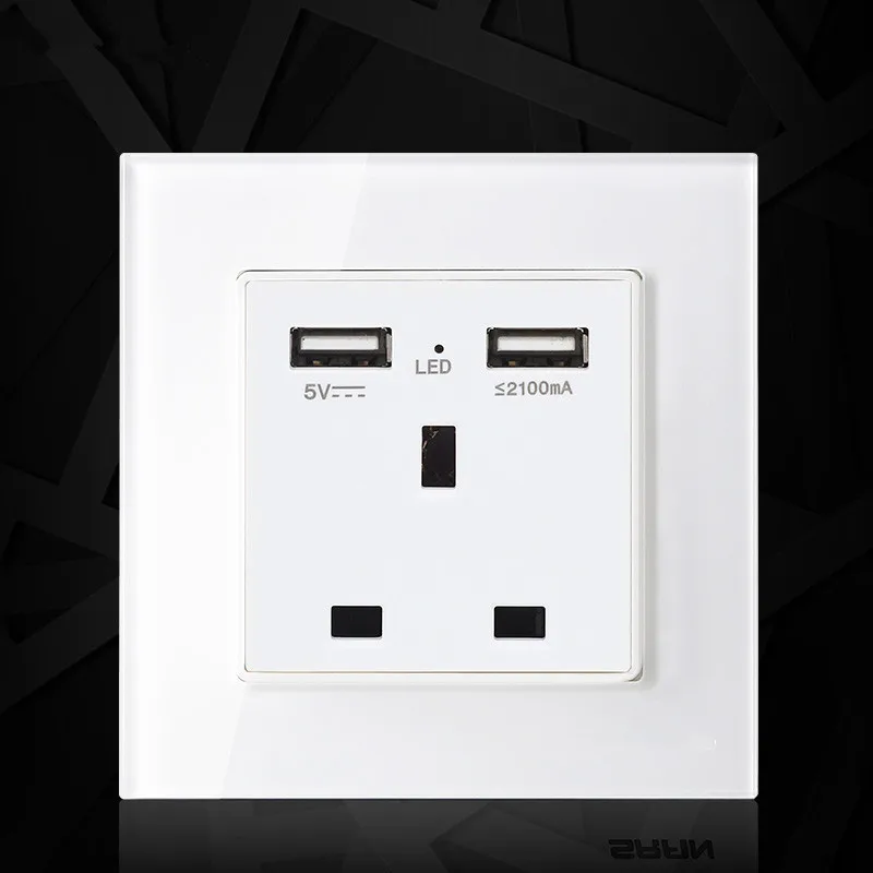 Стандарт Великобритании 1 банда розетка с 2 USB зарядное устройство 3 Pin стеклянная