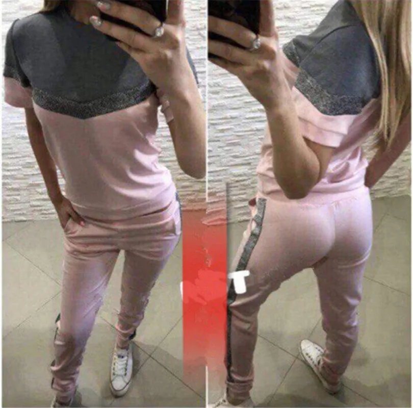 

2019 Elastic Waist Women Elastic Waist Real Sale Cotton Short O-neck Fashion Suits New Casual Hit Color Two-piece Female