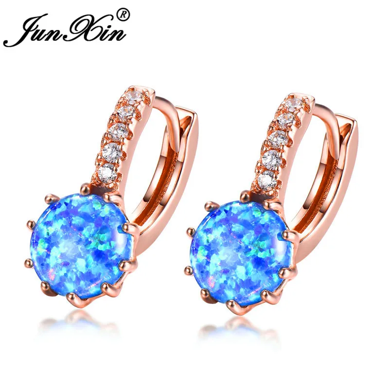 Rose Gold Blue Opal Модные женские круглые серьги-кольца в стиле бохо, 925 пробы, серебряные свадебные ювелирные изделия, белые, синие огненные серьги с камнями-опалами для женщин - Окраска металла: Rose Gold Blue Opal